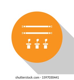 White Smart farm with light bulb and plant symbol icon isolated on white background. Orange circle button. Vector Illustration