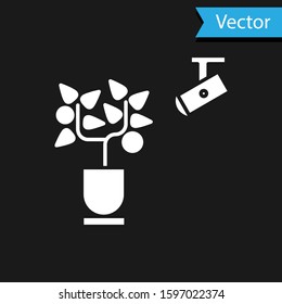 White Smart farming technology - farm automation system in app icon isolated on black background.  Vector Illustration