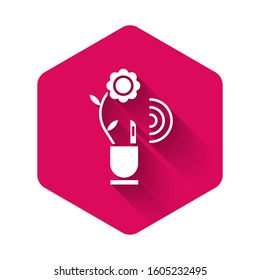 White Smart farming technology - farm automation system in app icon isolated with long shadow. Pink hexagon button. Vector Illustration