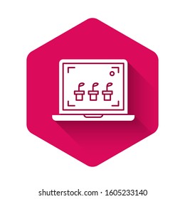 White Smart farming technology - farm automation system icon isolated with long shadow. Pink hexagon button. Vector Illustration