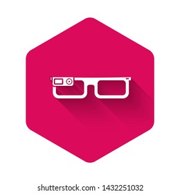 White Smart glasses mounted on spectacles icon isolated with long shadow. Wearable electronics smart glasses with camera and display. Pink hexagon button. Vector Illustration
