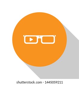 White Smart glasses mounted on spectacles icon isolated on white background. Wearable electronics smart glasses with camera and display. Orange circle button. Vector Illustration