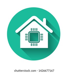 White Smart home icon isolated with long shadow. Remote control. Green circle button. Vector Illustration