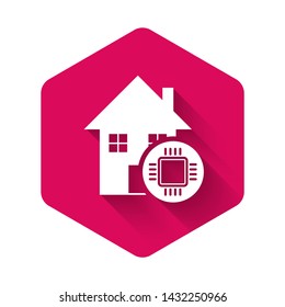 White Smart home icon isolated with long shadow. Remote control. Pink hexagon button. Vector Illustration