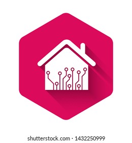 White Smart home icon isolated with long shadow. Remote control. Pink hexagon button. Vector Illustration