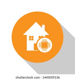 White Smart home icon isolated on white background. Remote control. Orange circle button. Vector Illustration