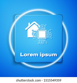 White Smart home icon isolated on blue background. Remote control. Blue square button. Vector Illustration