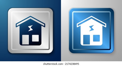White Smart home icon isolated on blue and grey background. Remote control. Silver and blue square button. Vector