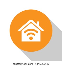 White Smart home with wi-fi icon isolated on white background. Remote control. Orange circle button. Vector Illustration