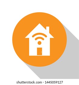 White Smart home with wi-fi icon isolated on white background. Remote control. Orange circle button. Vector Illustration