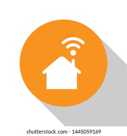 White Smart home with wi-fi icon isolated on white background. Remote control. Orange circle button. Vector Illustration