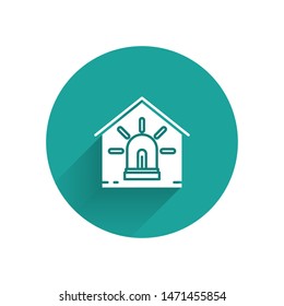 White Smart house and alarm icon isolated with long shadow. Security system of smart home. Green circle button. Vector Illustration