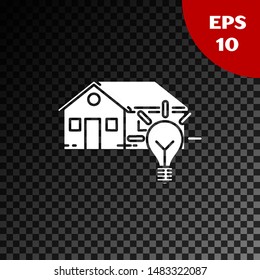 White Smart house and light bulb icon isolated on transparent dark background.  Vector Illustration