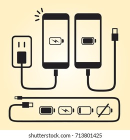 White smart phone charge icons with battery indicator level, simple shape power charging flat design infographics vector, app web button ui interface element isolated on black background