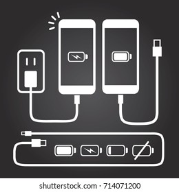 White smart phone charge icons with battery indicator level, simple shape power charging flat design infographics vector, app web button ui interface element isolated on black background