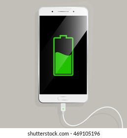 White smart phone is charging. The cable is connected to the phone. battery Display screen.