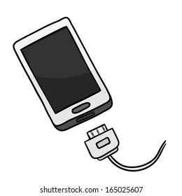 white smart phone and connection cable / cartoon vector and illustration, isolated on white background.