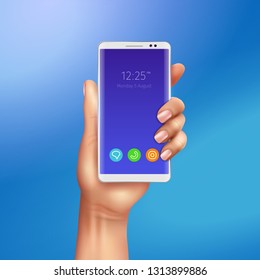 White smart phone in female hand on gradient blue background realistic vector illustration