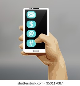 White smart phone in his hand. Working with applications on your smartphone. Hand holding a smartphone