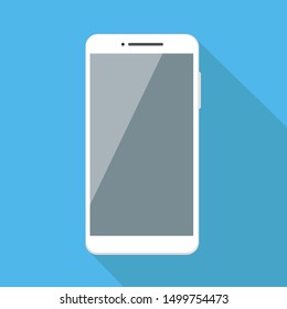 White smart phone on blue background with shadow. Flat design technology illustration 