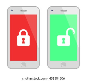 White Smart Phone With Padlock. Vector Illustration Of Locked And Unlocked White Smart Phones. No Transparency. Global Colors Used.