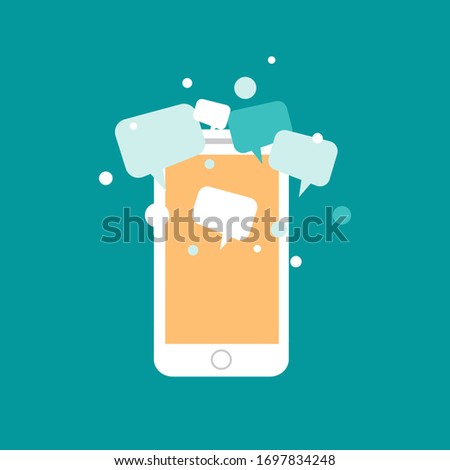 White smart phone with speech bubbles isolated on blue. Flat vector illustration. tutorial, chat, comunication button. online education symbol. Good for web and mobile design. 