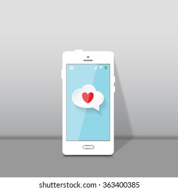 White smart phone standing by the wall with a love message icon. Vector illustration.