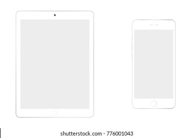 white smart phone and tablet tablet eps10. White tablet and smartphone grey screen on white background. smartphone and tablet with empty screen vector eps10.