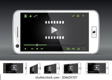 White Smart Phone Video Player - Vector illustration - multiple views of a smart phone with video player interface. Media player with full interface included. File type: vector EPS AI8 compatible. 