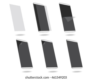 White smart phones protection film on screen set different angles. Vector illustration. EPS 10.  No gradients. 