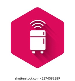 White Smart refrigerator icon isolated with long shadow. Fridge freezer refrigerator. Internet of things concept with wireless connection. Pink hexagon button. Vector
