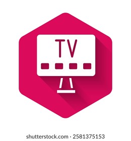 White Smart Tv icon isolated with long shadow background. Television sign. Pink hexagon button. Vector