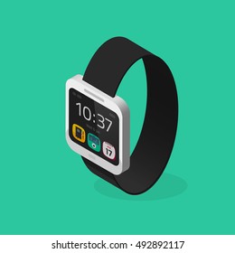 White smart watch isometric style with black bracelet vector illustration isolated on green color background, digital clock with touchscreen display, smartwatch flat cartoon 3d design