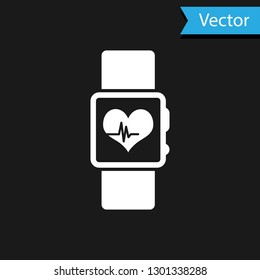 White Smart watch showing heart beat rate icon isolated on black background. Fitness App concept. Vector Illustration