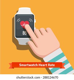 White smart watch showing heart beat rate app. Human hand finger pushing touchscreen. Flat vector icon.