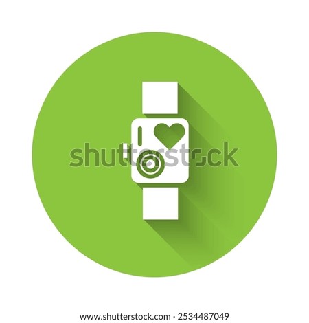 White Smart watch showing heart beat rate icon isolated with long shadow. Fitness App concept. Green circle button. Vector Illustration