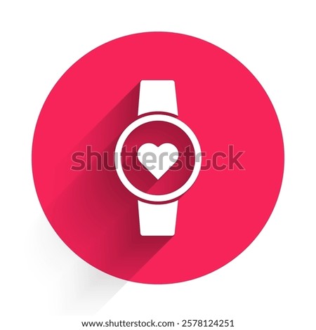 White Smart watch showing heart beat rate icon isolated with long shadow. Fitness App concept. Red circle button. Vector