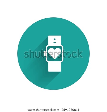 White Smart watch showing heart beat rate icon isolated with long shadow. Fitness App concept. Green circle button. Vector