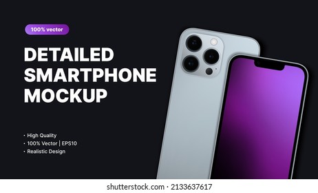 White Smartphone with 3 Cameras, Front and Back View Mockup. Banner for Ui Design or App Presentation. Vector illustration