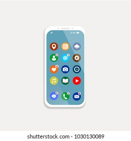 White smartphone with apps on the screen. Social media notification. Vector illustation.