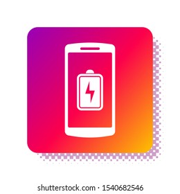 White Smartphone battery charge icon isolated on white background. Phone with a low battery charge. Square color button. Vector Illustration