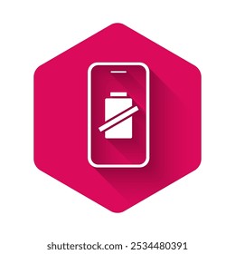 White Smartphone battery charge icon isolated with long shadow background. Phone with a low battery charge. Pink hexagon button. Vector