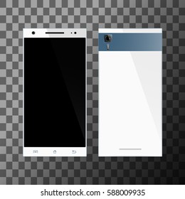 White smartphone with blank screen. Front and back view. Cell phone mockup design. Mobile phone vector illustration.