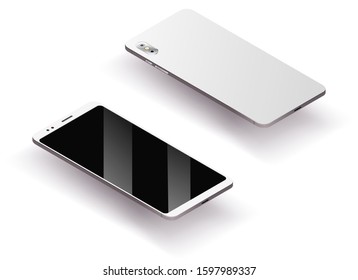 White smartphone with a blank screen, glare and shadow, rear view of the phone with the camera on an isolated background, vector illustration