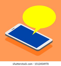 white smartphone blue screen display with blank yellow chat talk, speech bubble on orange color background. vector illustration 