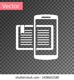 White Smartphone and book icon isolated on transparent background. Online learning or e-learning concept.  Vector Illustration