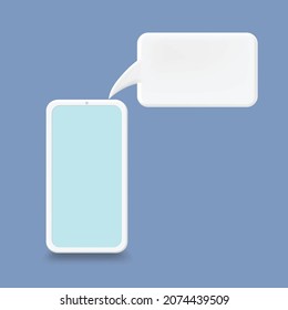 White smartphone with a bubble text 3d vector, cellphone sms speech bubble, empty chat message on mobile phone.