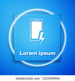 White Smartphone charging battery icon isolated on blue background. Phone with a low battery charge. Blue square button. Vector Illustration