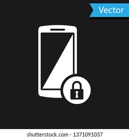 White Smartphone with closed padlock icon isolated on black background. Phone with lock. Mobile security, safety, protection concept. Vector Illustration