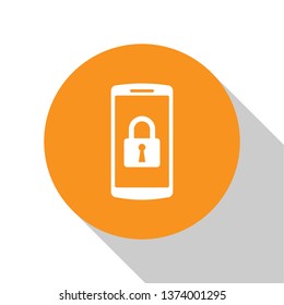 White Smartphone with closed padlock icon isolated on white background. Phone with lock. Mobile security, safety, protection concept. Orange circle button. Vector Illustration